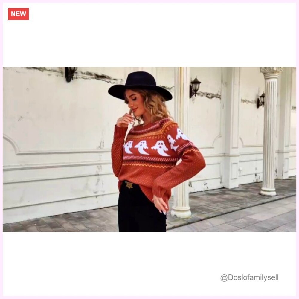 Fair Isle Heart Pattern Pullover Sweater Long Sleeve Crew Neck Loose Casual - Picture 7 of 7